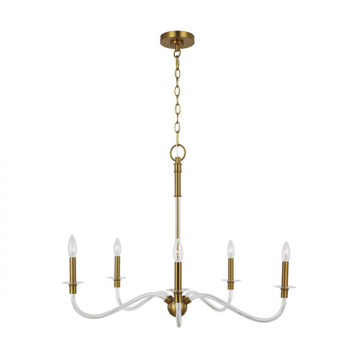 Minimalist 5-light chandelier with burnished brass embellishments and candelabra bulbs. (Generation Lighting CC1315BBS)