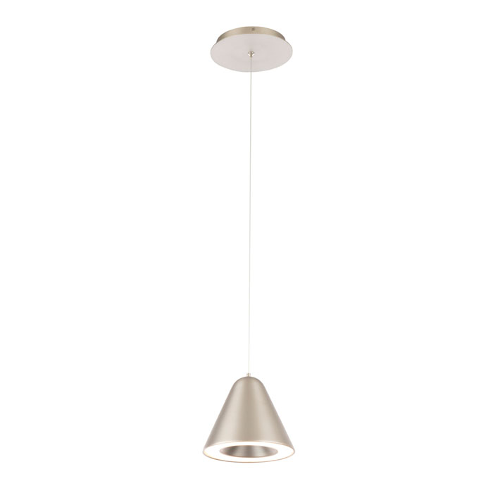 Minimal and inventive the Kone LED pendant has a simple conical design in a Satin Nickel finish. Also available in Aged Brass and Black.(WAC Lighting PD-72006-SN)
