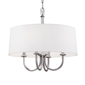 Pentagram Collection 4-Light Drum Pendant in Satin Nickel and Polished Nickel with White Shantung Silk Shade. (Feiss F431052/4SN/PN)