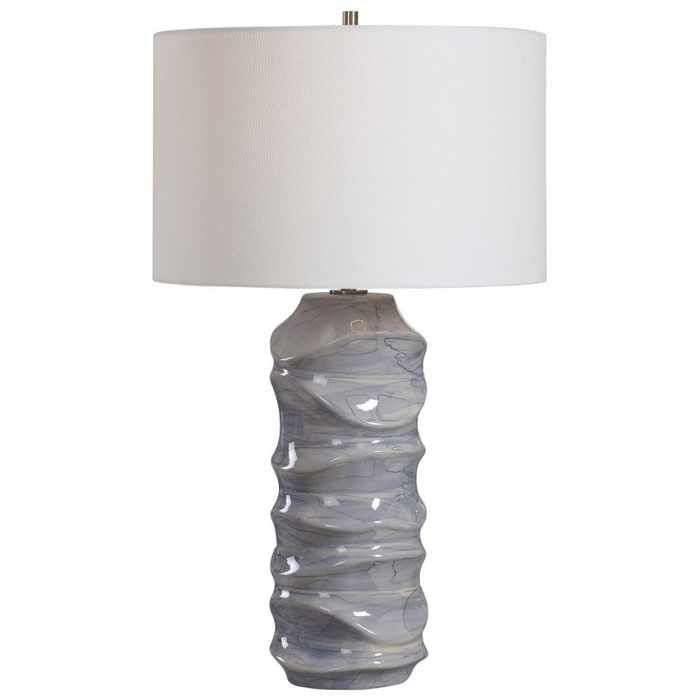 Waves Collection – 1-Light Table Lamp in Light Cobalt Blue Drip Glaze with Crisp White Hardback Drum Shade
