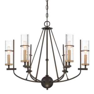 Sussex Court Collection 6-Light Chandelier in Smoked Iron with Gold Candelabra Sleeves and Clear Seedy Cylindrical Glass Shades Minka-Lavery 4087-107