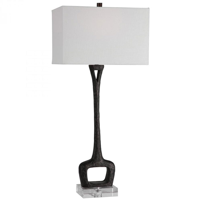 Darbie Collection 1-Light Table Lamp in Aged Black with Crystal Base and Rectangular White Linen Fabric Hardback Shade Uttermost 28297