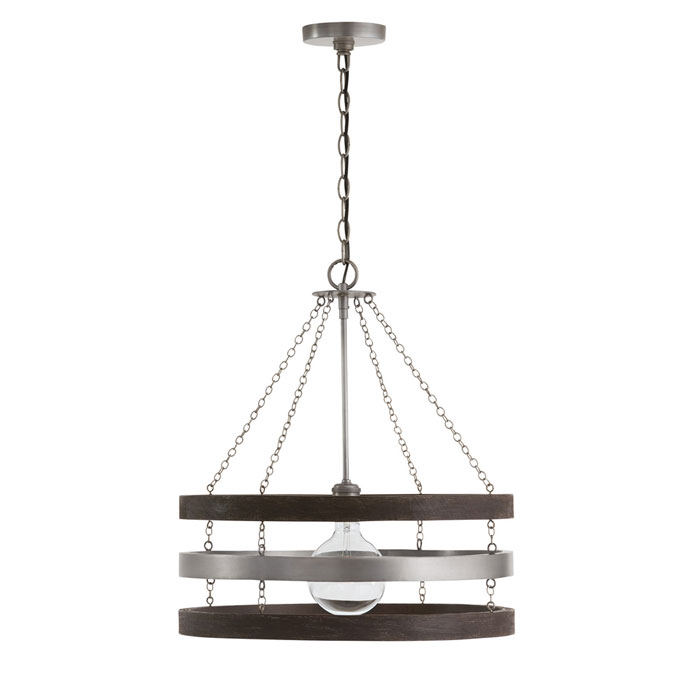 Ashton Collection Elevating an Urban Industrial style, the Ashton pendant features mixed bands of wire-brushed mango wood and rich grey matte nickel with a 120” adjustable chain.