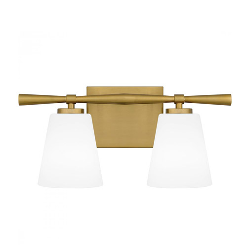 Brindley Collection 2-Light Bath Vanity in Aged Brass with Opal Etched Glass Shades Quoizel BID8616AB